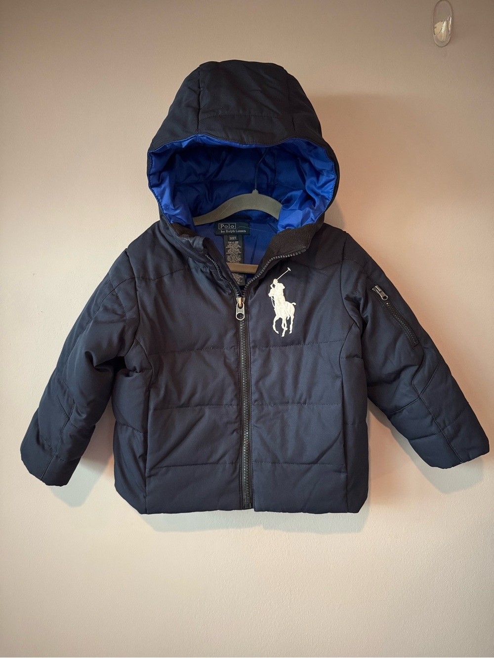 Vintage Polo Ralph Lauren Toddler Boy Navy Big Pony Puffer Hooded Jacket Coat 2T